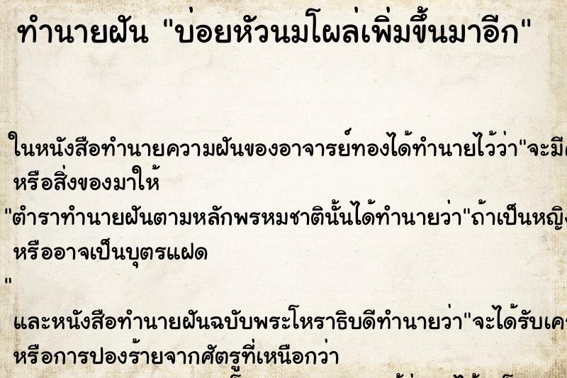 ทำนายฝันทำนายฝันบ่อยหัวนมโผล่เพิ่มขึ้นมาอีก