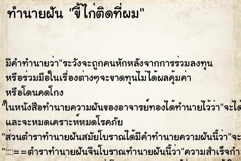 ทำนายฝัน ขี้ไก่ติดที่ผม ทำนายฝัน ขี้ไก่ติดที่ผม