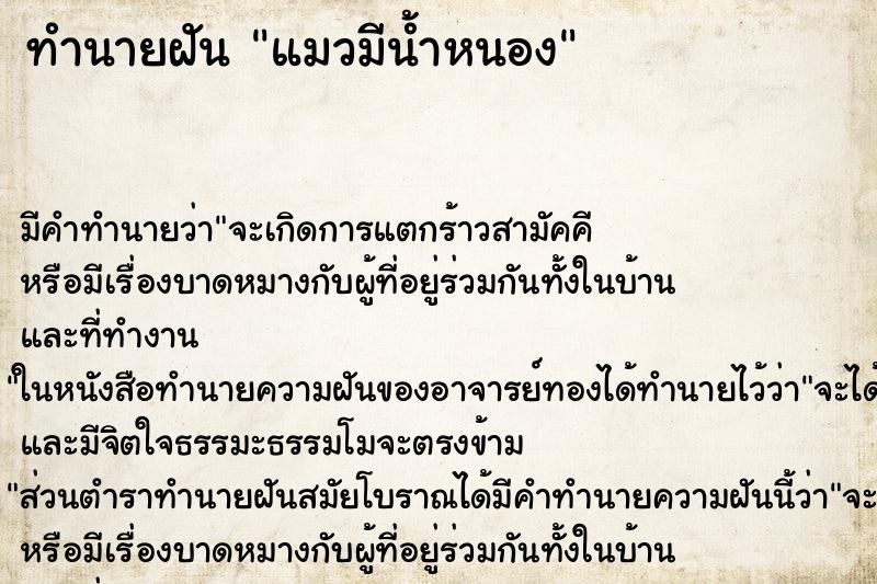 ทำนายฝันแมวมีน้ำหนอง ทำนายฝันทำนายฝันแมวมีน้ำหนอง
