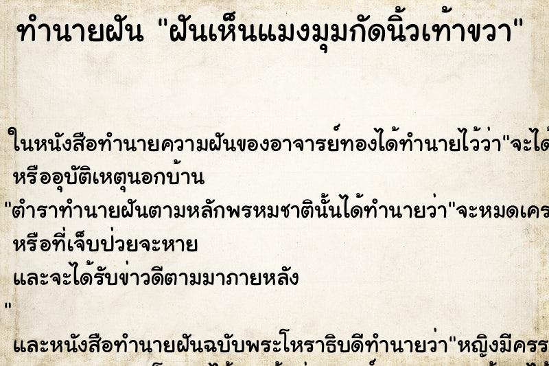 ทำนายฝันฝันเห็นแมงมุมกัดนิ้วเท้าขวา ทำนายฝันทำนายฝันฝันเห็นแมงมุมกัดนิ้วเท้าขวา