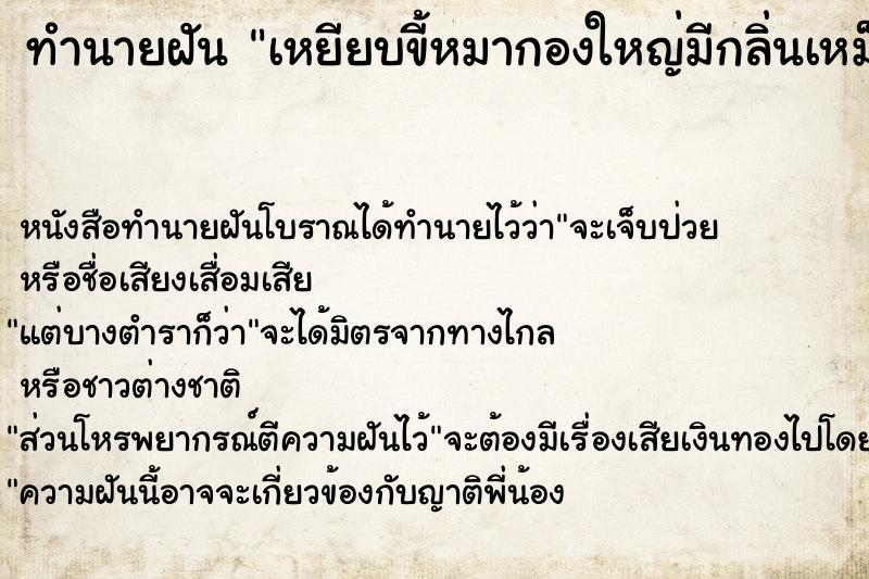 ทำนายฝันเหยียบขี้หมากองใหญ่มีกลิ่นเหม็นมาก ทำนายฝันทำนายฝันเหยียบขี้หมากองใหญ่มีกลิ่นเหม็นมาก