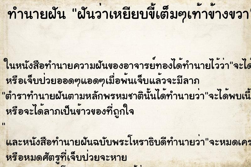 ทำนายฝันฝันว่าเหยียบขี้เต็มๆเท้าข้างขวา ทำนายฝันทำนายฝันฝันว่าเหยียบขี้เต็มๆเท้าข้างขวา