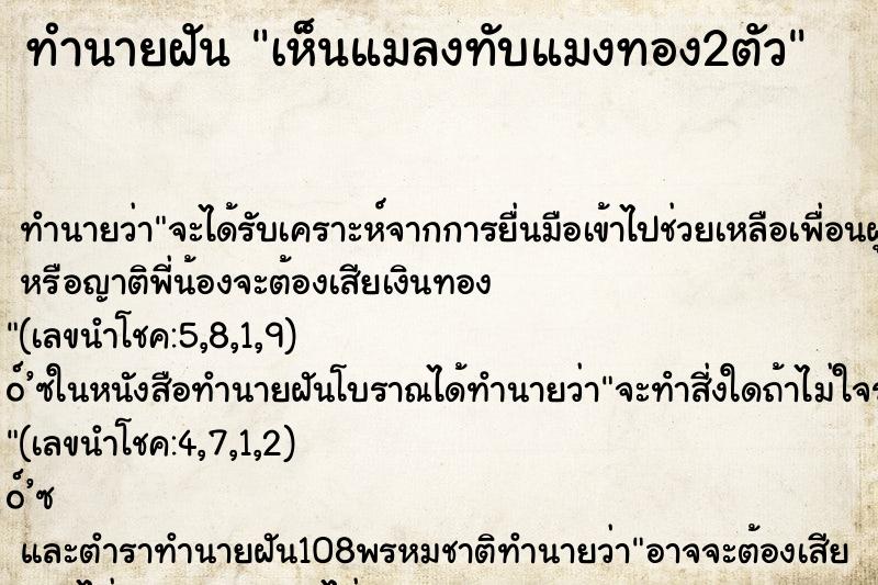 ทำนายฝันเห็นแมลงทับแมงทอง2ตัว ทำนายฝันทำนายฝันเห็นแมลงทับแมงทอง2ตัว