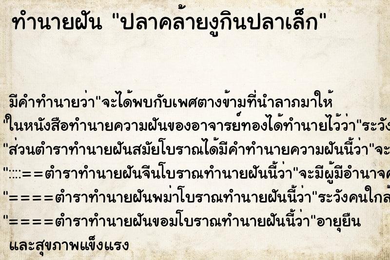 ทำนายฝันปลาคล้ายงูกินปลาเล็ก ทำนายฝันทำนายฝันปลาคล้ายงูกินปลาเล็ก