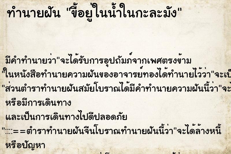 ทำนายฝัน ขี้อยู่ในน้ำในกะละมัง ทำนายฝัน ขี้อยู่ในน้ำในกะละมัง