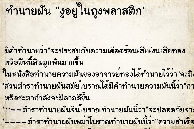 ทำนายฝัน งูอยู่ในถุงพลาสติก ทำนายฝัน งูอยู่ในถุงพลาสติก