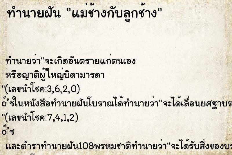 ทำนายฝัน แม่ช้างกับลูกช้าง ตำราโบราณ แม่นที่สุดในโลก