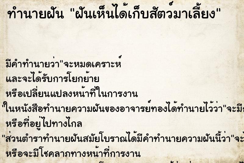 ทำนายฝัน ฝันเห็นได้เก็บสัตว์มาเลี้ยง ทำนายฝัน ฝันเห็นได้เก็บสัตว์มาเลี้ยง