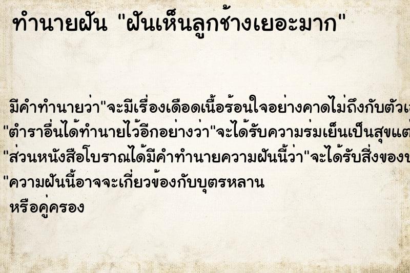 ทำนายฝันทำนายฝันฝันเห็นลูกช้างเยอะมาก