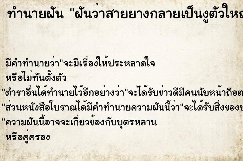 ทำนายฝันฝันว่าสายยางกลายเป็นงูตัวใหญ่มาก ทำนายฝันทำนายฝันฝันว่าสายยางกลายเป็นงูตัวใหญ่มาก