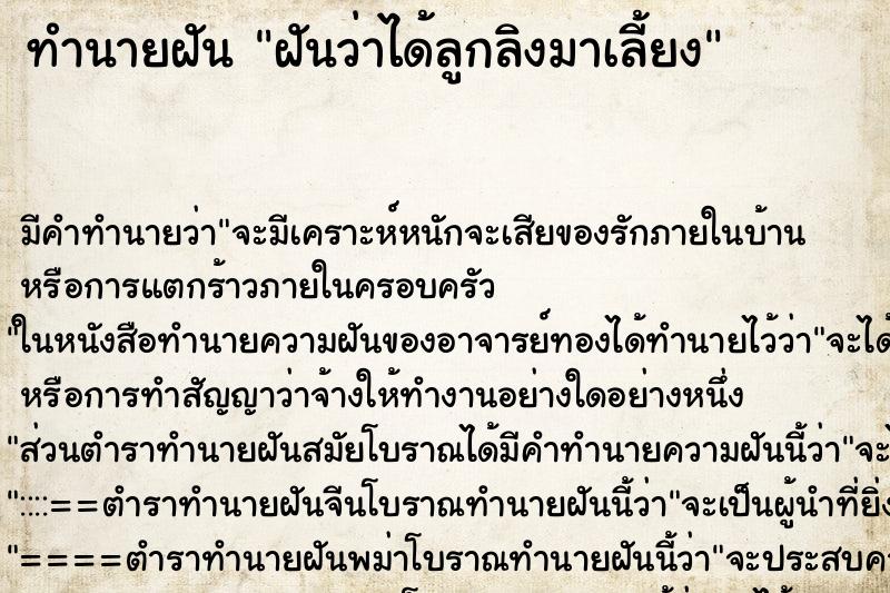 ทำนายฝัน ฝันว่าได้ลูกลิงมาเลี้ยง ตำราโบราณ แม่นที่สุดในโลก