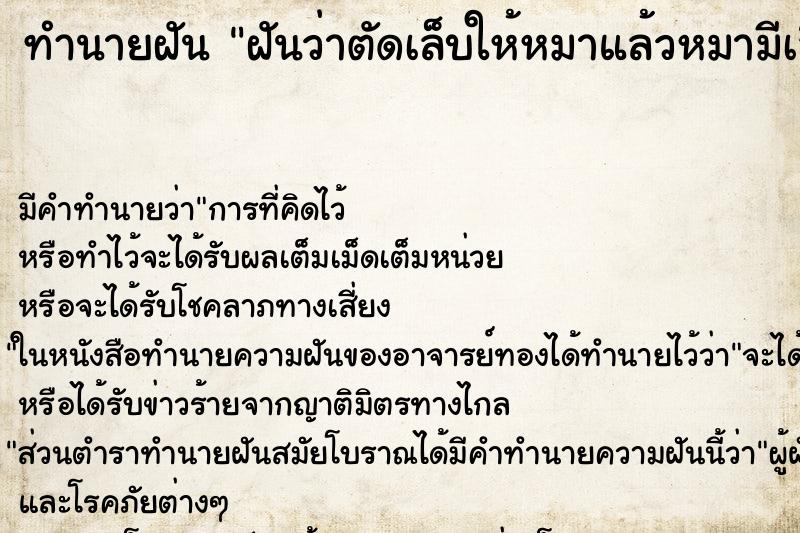 ทำนายฝัน ฝันว่าตัดเล็บให้หมาแล้วหมามีเลือดออก ทำนายฝัน ฝันว่าตัดเล็บให้หมาแล้วหมามีเลือดออก