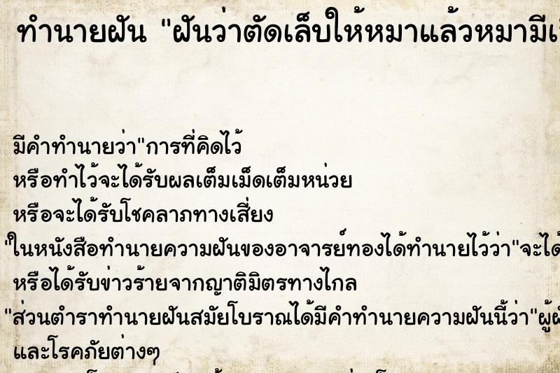 ทำนายฝัน ฝันว่าตัดเล็บให้หมาแล้วหมามีเลือดออก ตำราโบราณ แม่นที่สุดในโลก