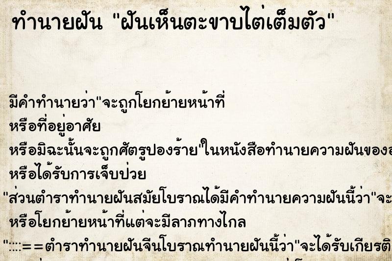 ทำนายฝันฝันเห็นตะขาบไต่เต็มตัว ทำนายฝันทำนายฝันฝันเห็นตะขาบไต่เต็มตัว