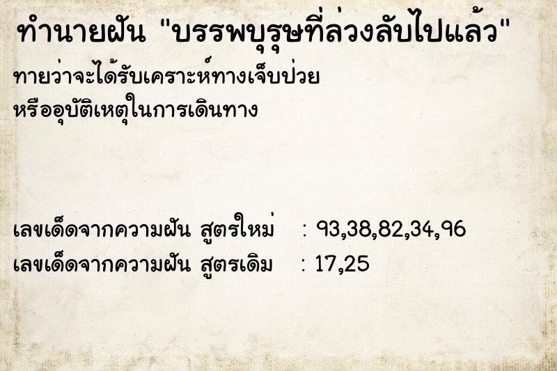 ทำนายฝัน บรรพบุรุษที่ล่วงลับไปแล้ว ทำนายฝัน บรรพบุรุษที่ล่วงลับไปแล้ว