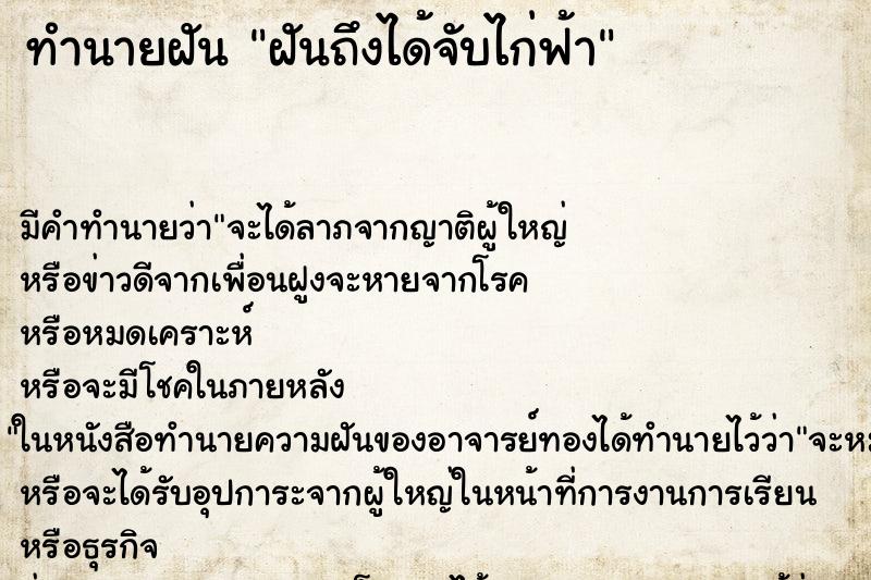 ทำนายฝันฝันถึงได้จับไก่ฟ้า ทำนายฝันทำนายฝันฝันถึงได้จับไก่ฟ้า