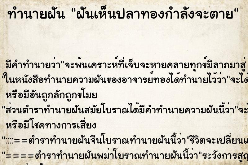 ทำนายฝัน ฝันเห็นปลาทองกำลังจะตาย ทำนายฝัน ฝันเห็นปลาทองกำลังจะตาย