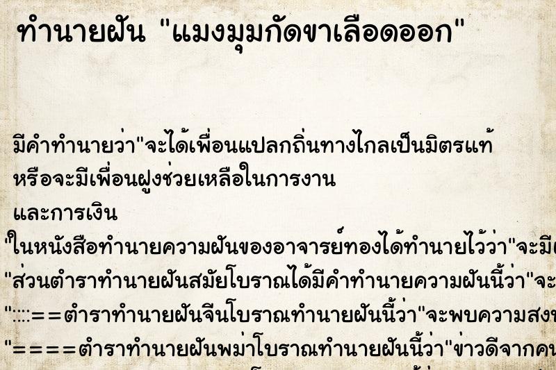 ทำนายฝันแมงมุมกัดขาเลือดออก ทำนายฝันทำนายฝันแมงมุมกัดขาเลือดออก