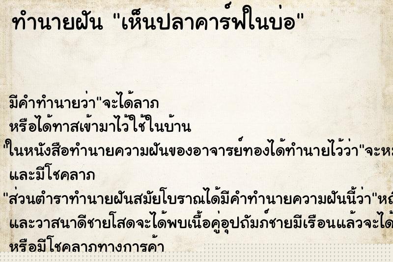 ทำนายฝัน เห็นปลาคาร์ฟในบ่อ ทำนายฝัน เห็นปลาคาร์ฟในบ่อ