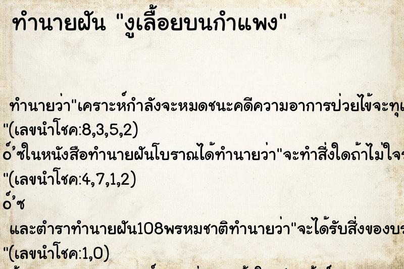 ทำนายฝันงูเลื้อยบนกำแพง ทำนายฝันทำนายฝันงูเลื้อยบนกำแพง
