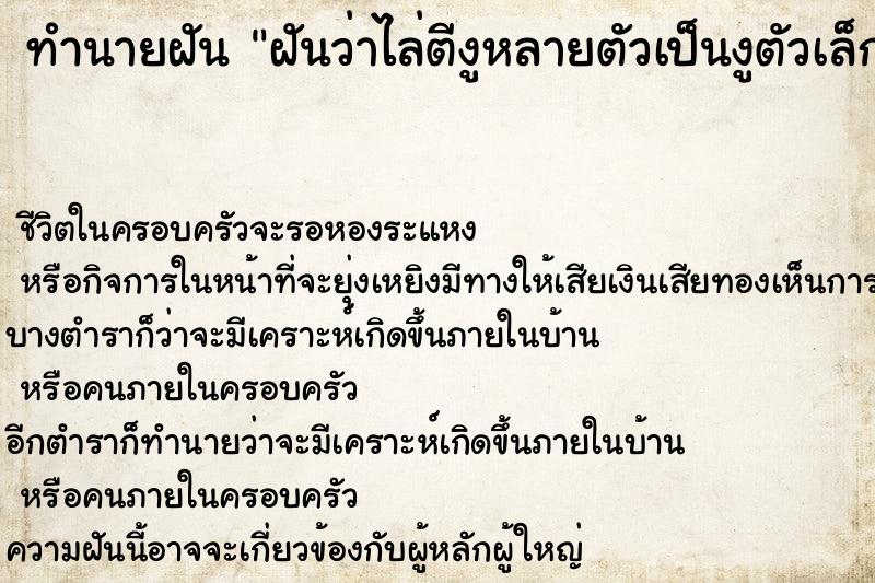 ทำนายฝันฝันว่าไล่ตีงูหลายตัวเป็นงูตัวเล็ก ทำนายฝันทำนายฝันฝันว่าไล่ตีงูหลายตัวเป็นงูตัวเล็ก