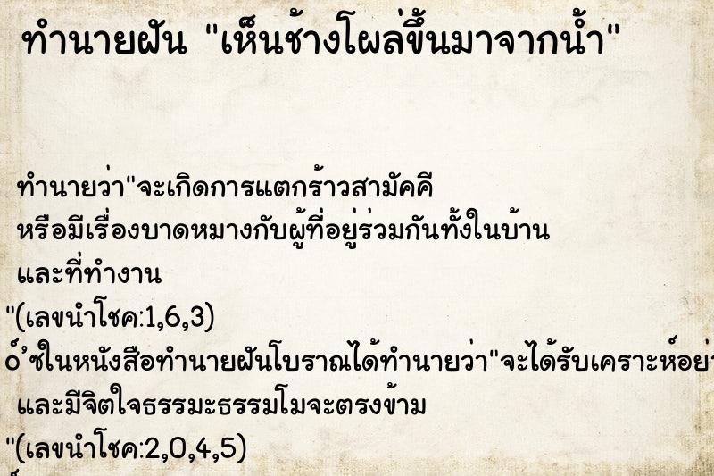 ทำนายฝันเห็นช้างโผล่ขึ้นมาจากน้ำ ทำนายฝันทำนายฝันเห็นช้างโผล่ขึ้นมาจากน้ำ