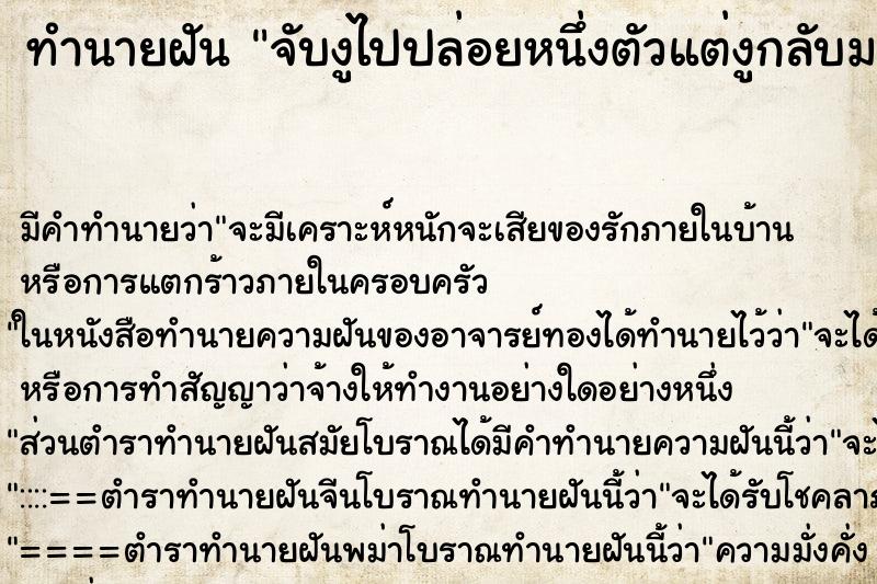 ทำนายฝันทำนายฝันจับงูไปปล่อยหนึ่งตัวแต่งูกลับมาสองตัว