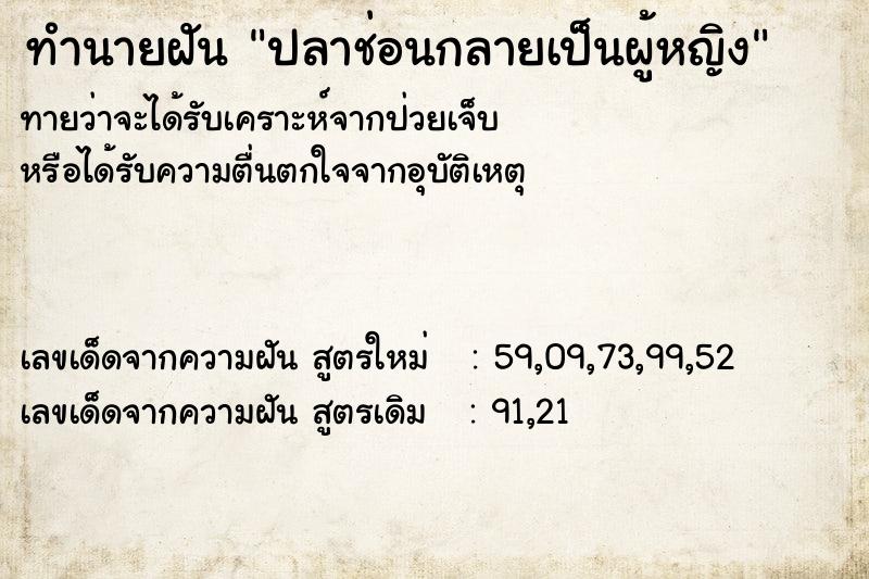 ทำนายฝัน ปลาช่อนกลายเป็นผู้หญิง ทำนายฝัน ปลาช่อนกลายเป็นผู้หญิง