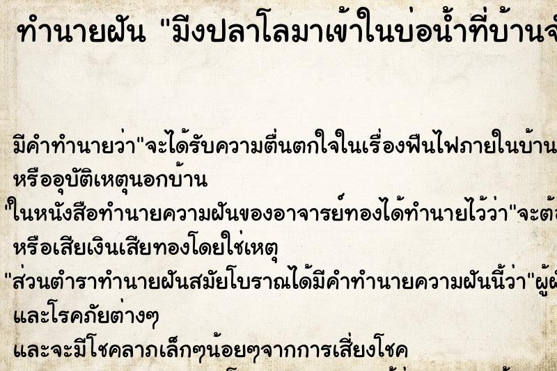 ทำนายฝันทำนายฝันมีงปลาโลมาเข้าในบ่อน้ำที่บ้านจำนวนมาก
