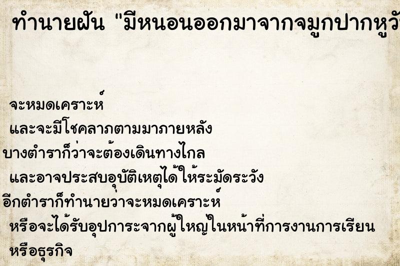 ทำนายฝัน มีหนอนออกมาจากจมูกปากหูวันแม่นๆ ฟรี ด้วยตำราหนังสือทำนายฝันโบราณ ทำนายฝันมีหนอนออกมาจากจมูกปากหูวัน