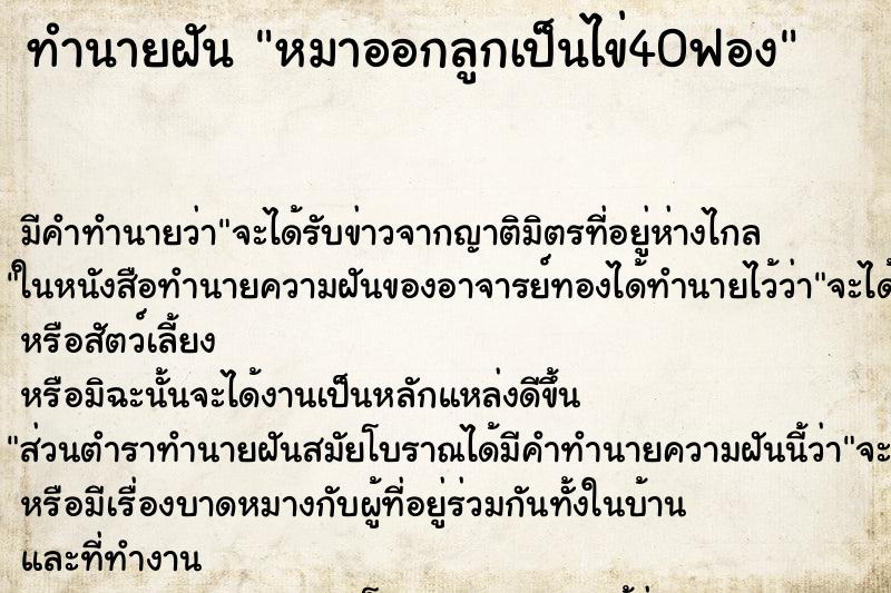 ทำนายฝันทำนายฝันหมาออกลูกเป็นไข่40ฟอง