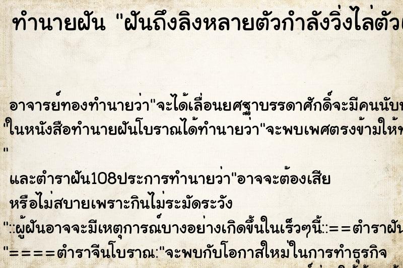 ทำนายฝันฝันถึงลิงหลายตัวกำลังวิ่งไล่ตัวเอง ทำนายฝันทำนายฝันฝันถึงลิงหลายตัวกำลังวิ่งไล่ตัวเอง