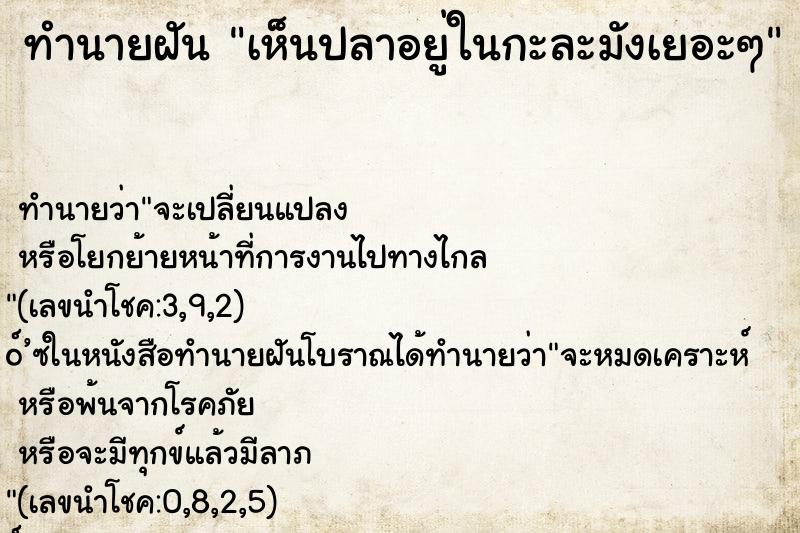 ทำนายฝัน เห็นปลาอยู่ในกะละมังเยอะๆ