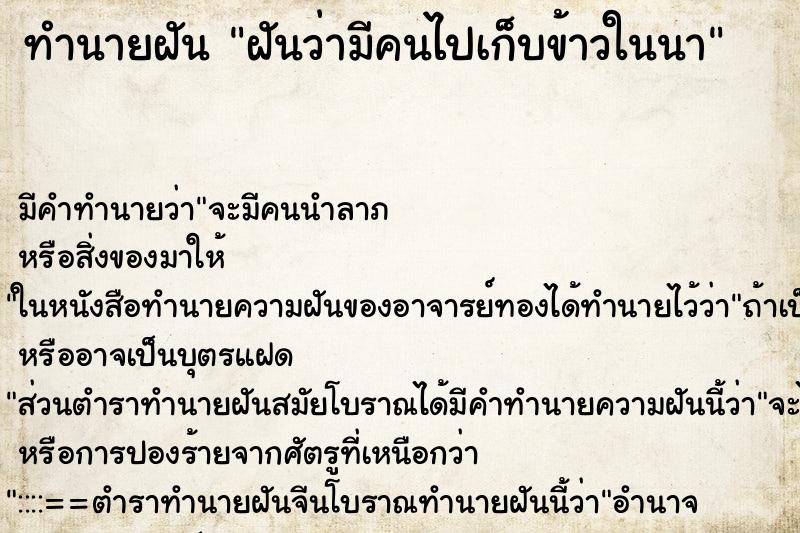 ทำนายฝันฝันว่ามีคนไปเก็บข้าวในนา ทำนายฝันทำนายฝันฝันว่ามีคนไปเก็บข้าวในนา