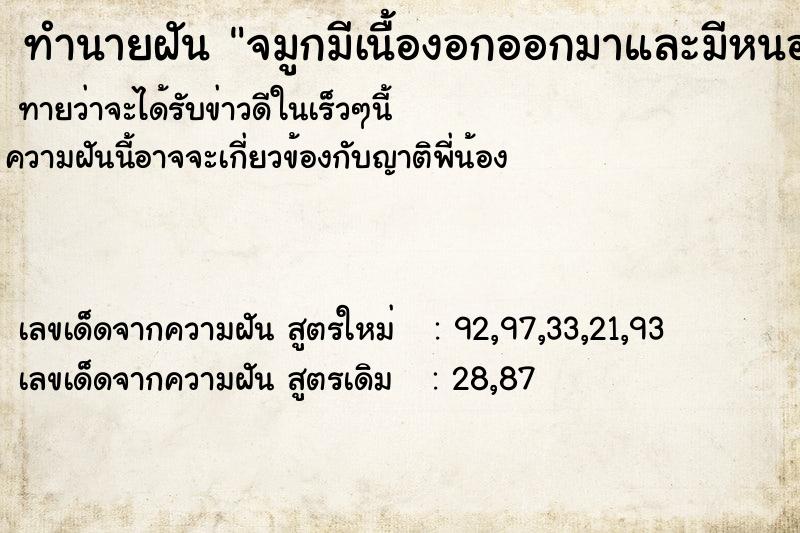 ทำนายฝัน จมูกมีเนื้องอกออกมาและมีหนอง ทำนายฝัน จมูกมีเนื้องอกออกมาและมีหนอง