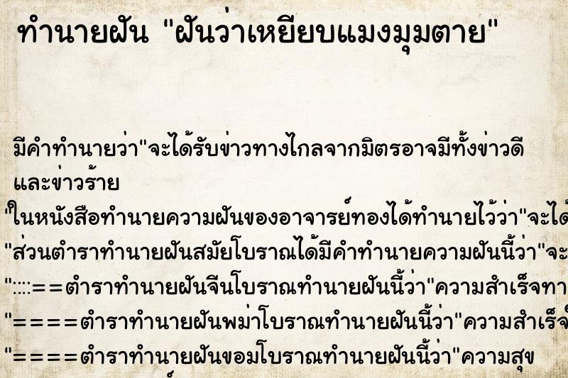 ทำนายฝัน ฝันว่าเหยียบแมงมุมตาย ทำนายฝัน ฝันว่าเหยียบแมงมุมตาย
