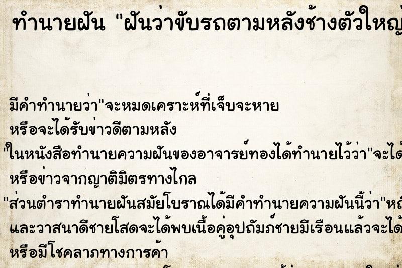 ทำนายฝัน ฝันว่าขับรถตามหลังช้างตัวใหญ่
