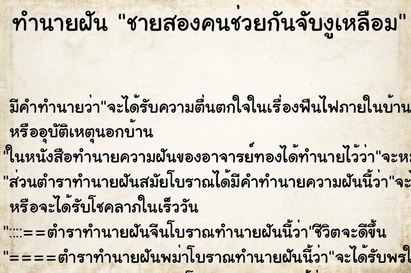 ทำนายฝันชายสองคนช่วยกันจับงูเหลือม ทำนายฝันทำนายฝันชายสองคนช่วยกันจับงูเหลือม
