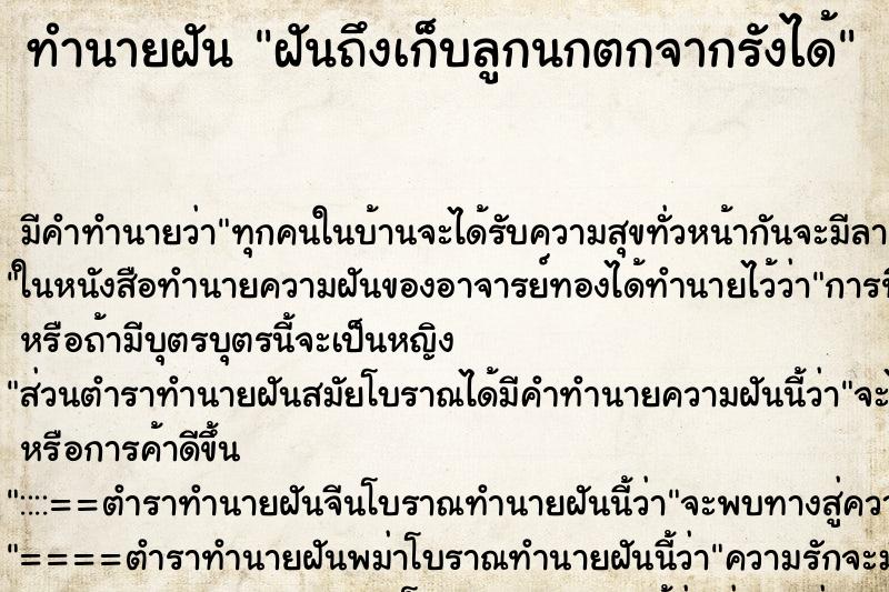 ทำนายฝันฝันถึงเก็บลูกนกตกจากรังได้ ทำนายฝันทำนายฝันฝันถึงเก็บลูกนกตกจากรังได้