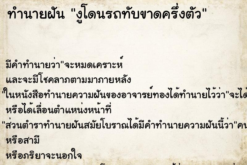 ทำนายฝันงูโดนรถทับขาดครึ่งตัว ทำนายฝันทำนายฝันงูโดนรถทับขาดครึ่งตัว