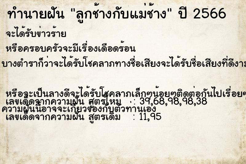 ทำนายฝัน ลูกช้างกับแม่ช้าง แม่นๆ ฟรี ด้วยตำราหนังสือทำนายฝันโบราณ ทำนายฝันลูกช้างกับแม่ช้าง