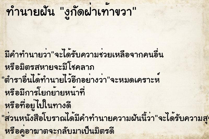 ทำนายฝัน งูกัดฝ่าเท้าขวา ทำนายฝัน งูกัดฝ่าเท้าขวา