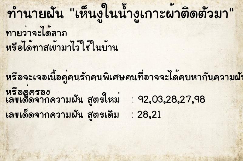 ทำนายฝัน เห็นงูในน้ำงูเกาะผ้าติดตัวมา ทำนายฝัน เห็นงูในน้ำงูเกาะผ้าติดตัวมา