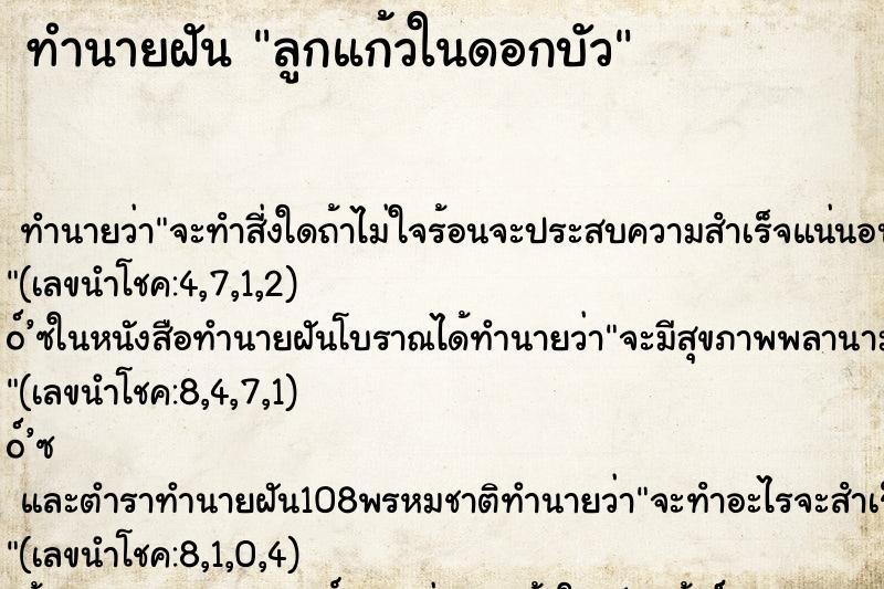 ทำนายฝัน ลูกแก้วในดอกบัว ทำนายฝัน ลูกแก้วในดอกบัว