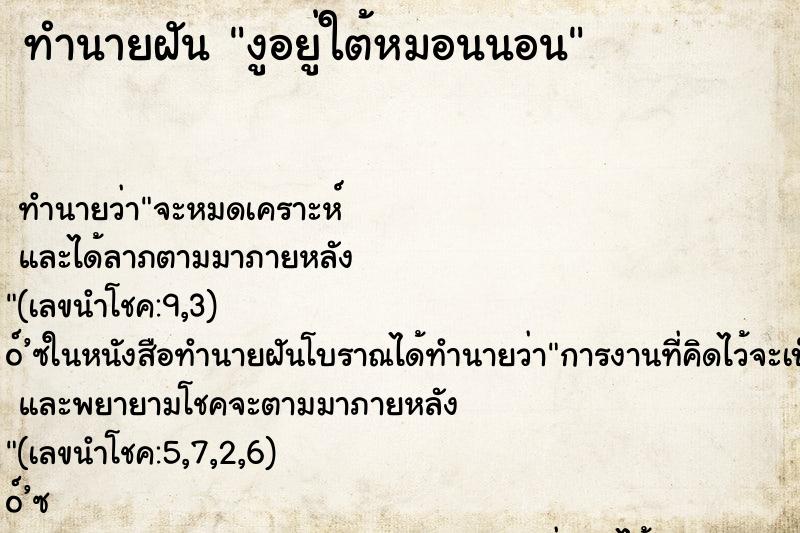 ทำนายฝันงูอยู่ใต้หมอนนอน ทำนายฝันทำนายฝันงูอยู่ใต้หมอนนอน
