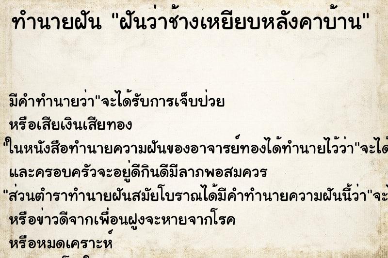 ทำนายฝัน ฝันว่าช้างเหยียบหลังคาบ้าน ทำนายฝัน ฝันว่าช้างเหยียบหลังคาบ้าน
