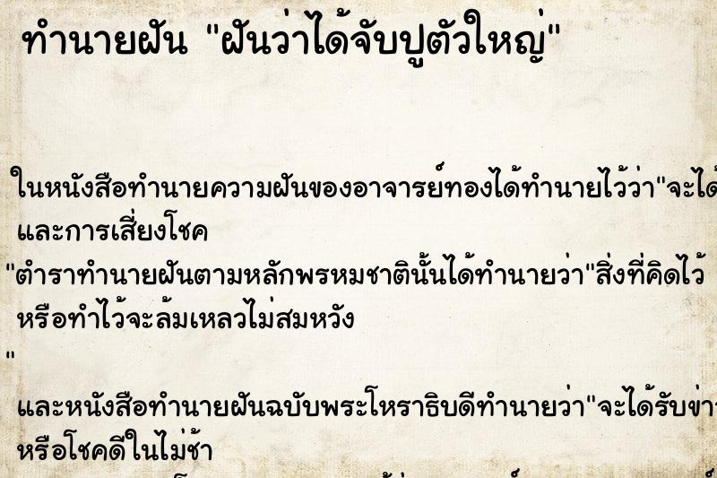 ทำนายฝันฝันว่าได้จับปูตัวใหญ่ ทำนายฝันทำนายฝันฝันว่าได้จับปูตัวใหญ่