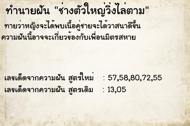 ทำนายฝันช่างตัวใหญ่วิ่งไล่ตาม ทำนายฝันทำนายฝันช่างตัวใหญ่วิ่งไล่ตาม