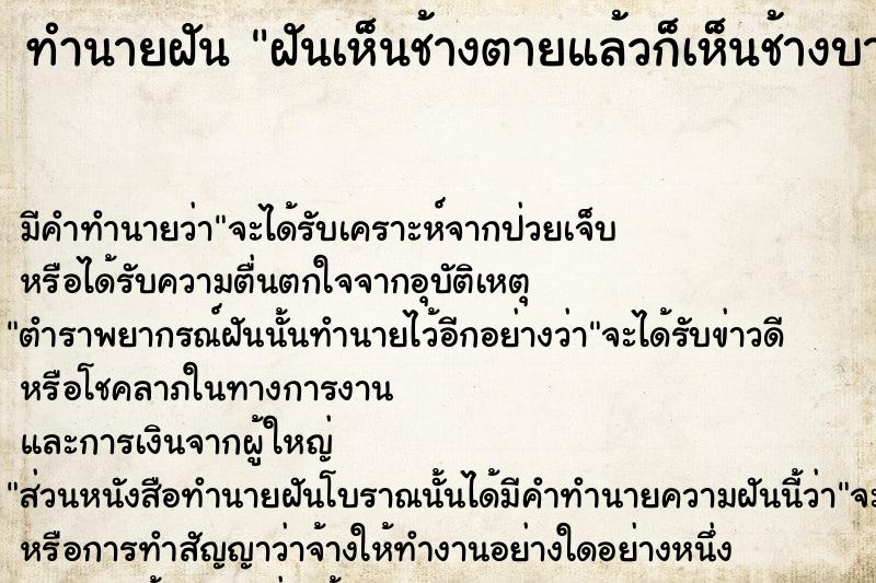 ทำนายฝัน ฝันเห็นช้างตายแล้วก็เห็นช้างบาดเจ็บเจียนตาย ทำนายฝัน ฝันเห็นช้างตายแล้วก็เห็นช้างบาดเจ็บเจียนตาย