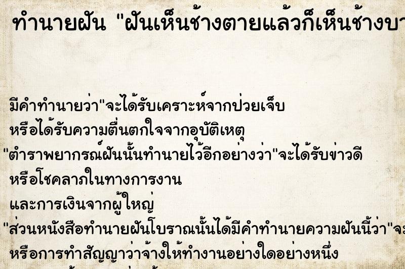 ทำนายฝัน ฝันเห็นช้างตายแล้วก็เห็นช้างบาดเจ็บเจียนตาย ตำราโบราณ แม่นที่สุดในโลก